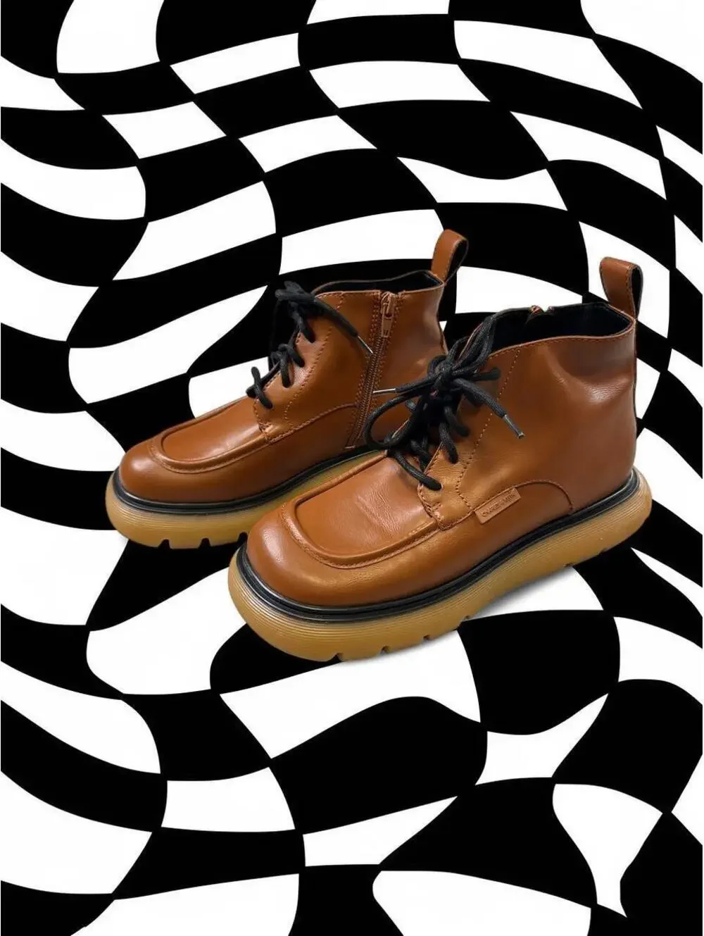 Charles & Keith Brown leather ankle boots with chunky sole and lace-up design